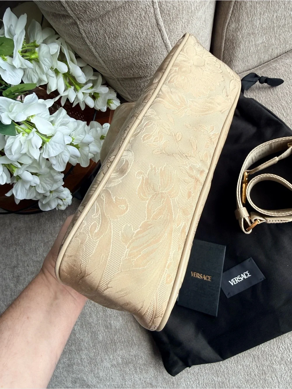 Versace Beige Floral Paisley Nylon Shoulder Crossbody Bag with Gold Chain New